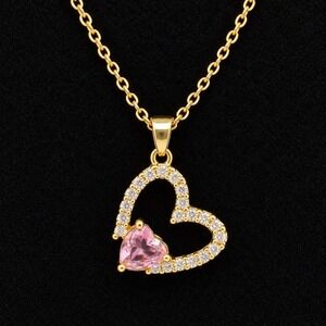 New Gold Tone Pink Heart Pendant Necklace Clear Stone Open Heart Chain Jewelry